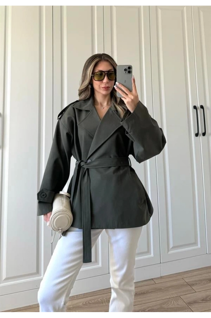 Nuve Premium Astarlı Haki Trençkot