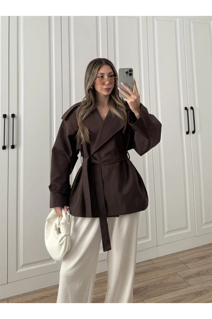 Nuve Premium Astarlı Kahve Trençkot