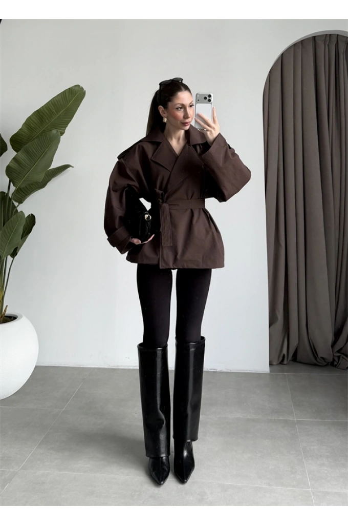 Nuve Premium Astarlı Kahve Trençkot