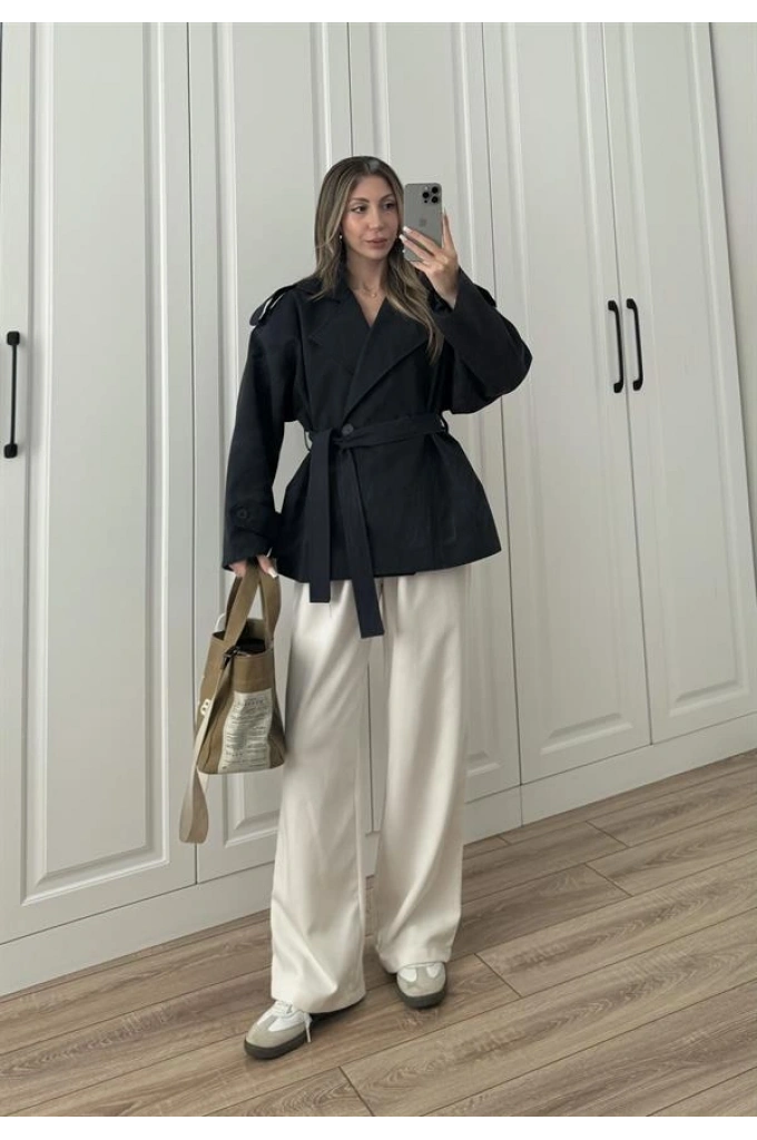 Nuve Premium Astarlı Lacivert Trençkot