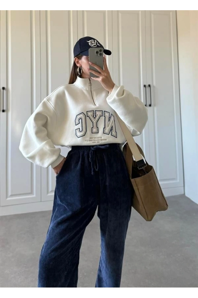 NycQ İçi Şardonlu Premium Beyaz Sweatshirt