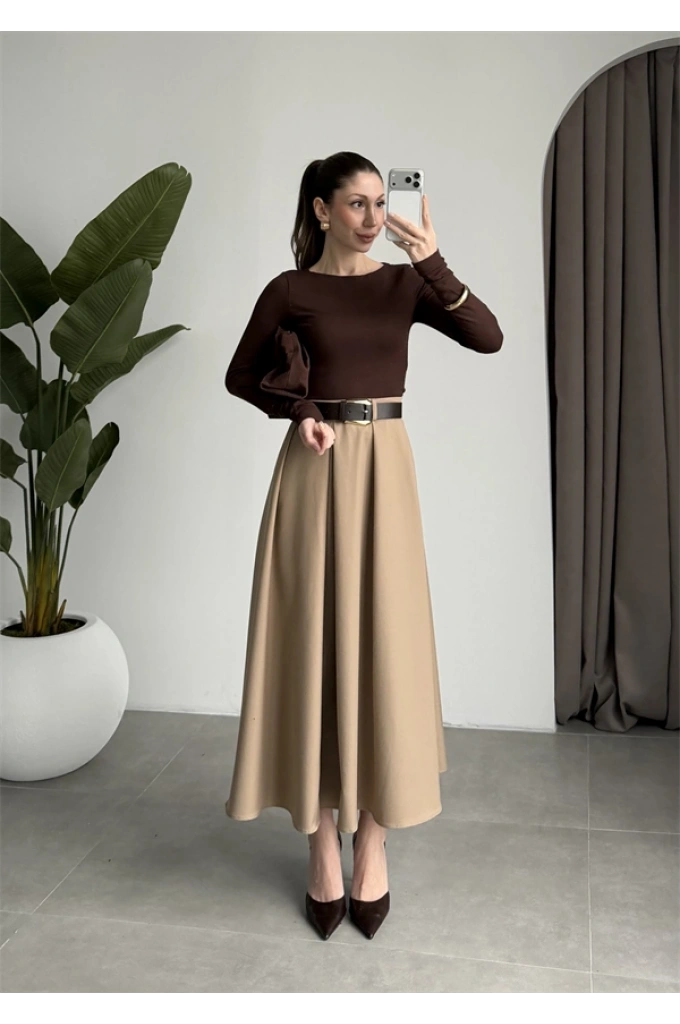 Önden Pile Detaylı Cappuccino Kemerli Etek