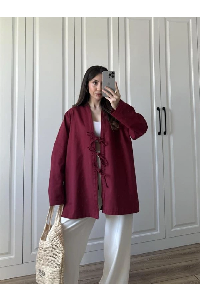 Önü Bağlamalı Bordo Keten Kimono