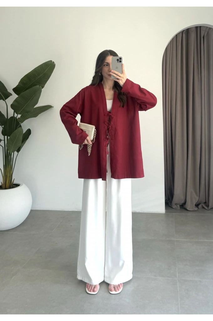 Önü Bağlamalı Bordo Keten Kimono