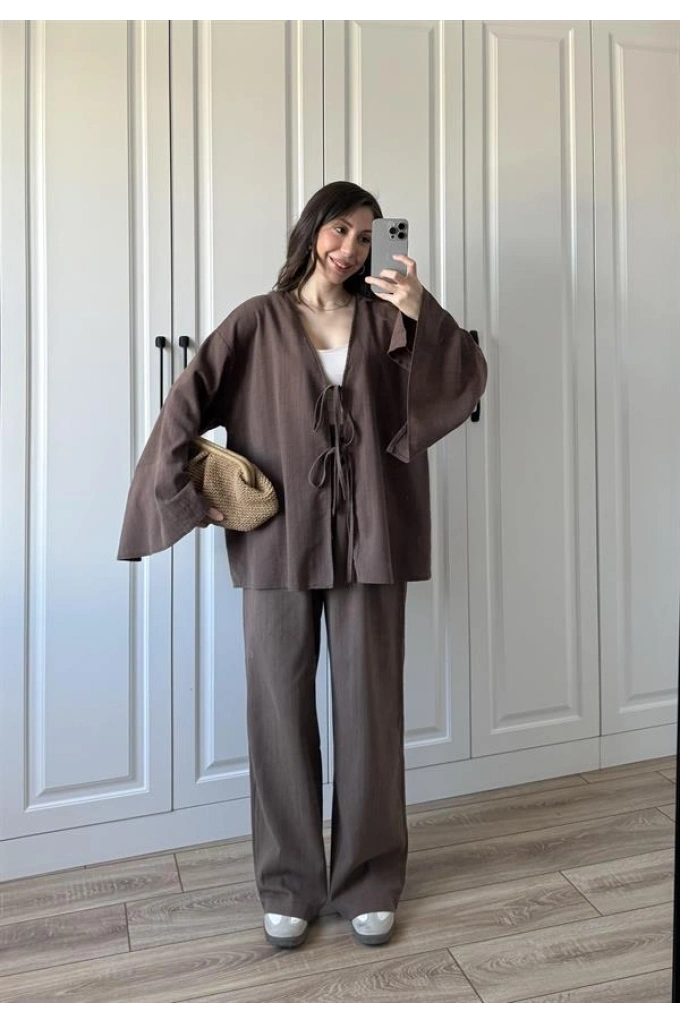 Önü Bağlamalı Ham Keten Kahve Kimono Takım
