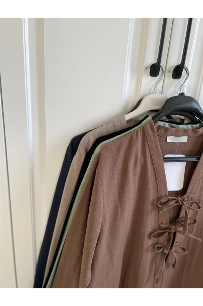 Önü Bağlamalı Kahve Keten Kimono