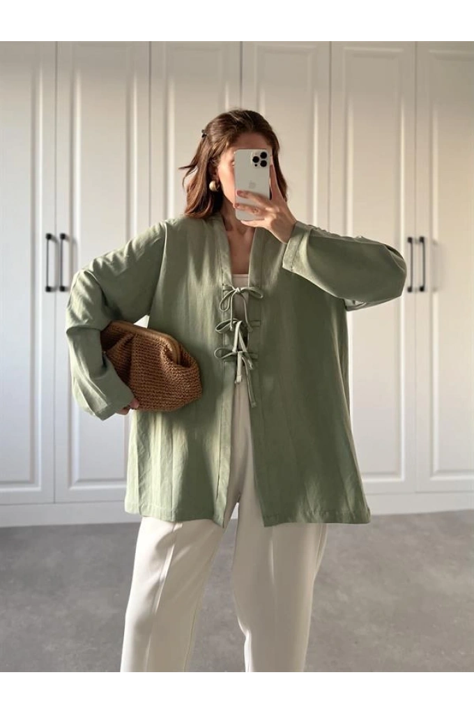 Önü Bağlamalı Mint Yeşili Keten Kimono