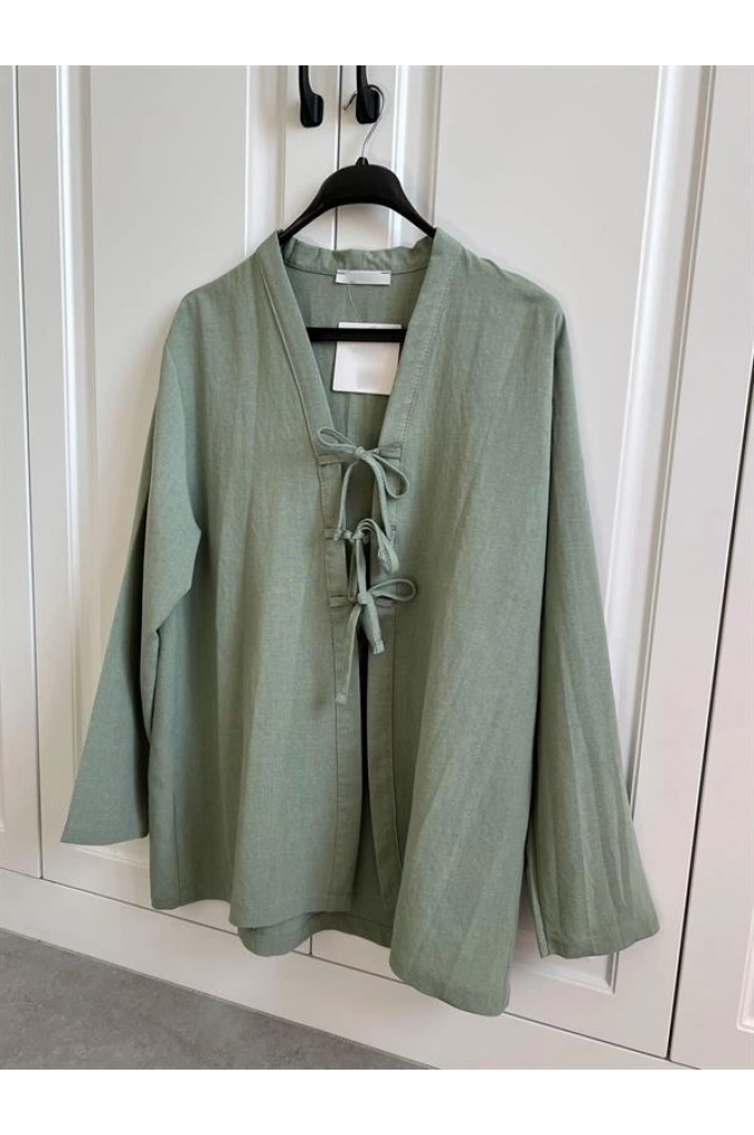 Önü Bağlamalı Mint Yeşili Keten Kimono