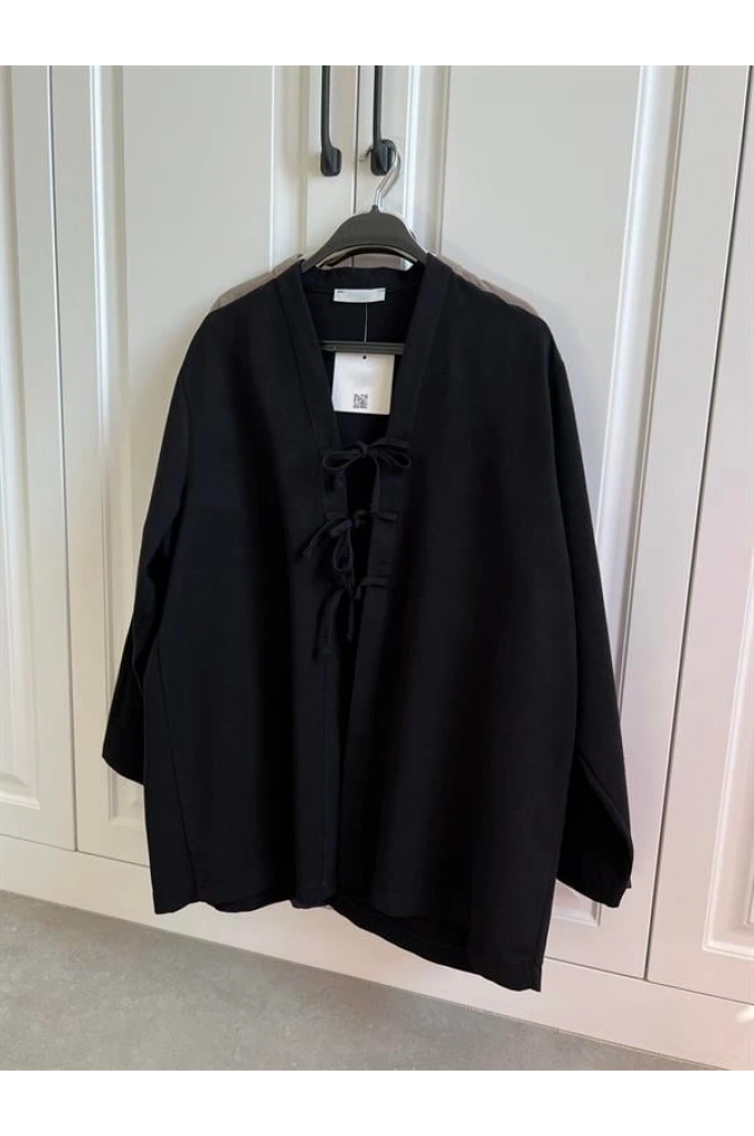 Önü Bağlamalı Siyah Keten Kimono