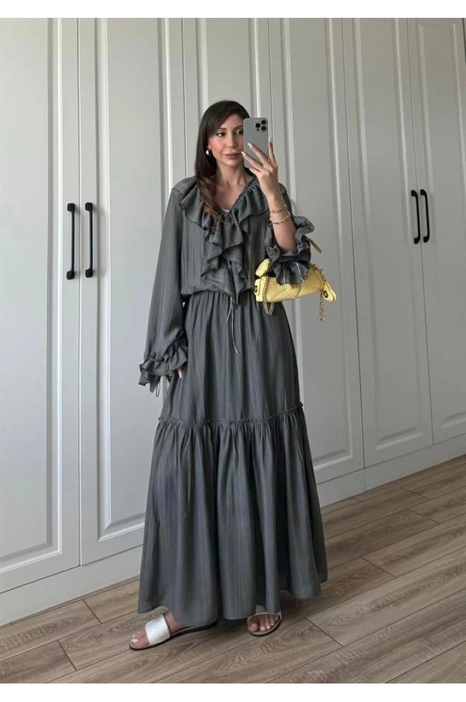 Önü Volanlı Antrasit Viral Elbise