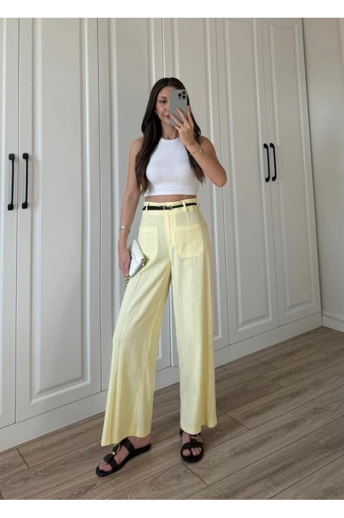Örgü Kemerli Önü Cepli Keten Premium Sarı Pantolon