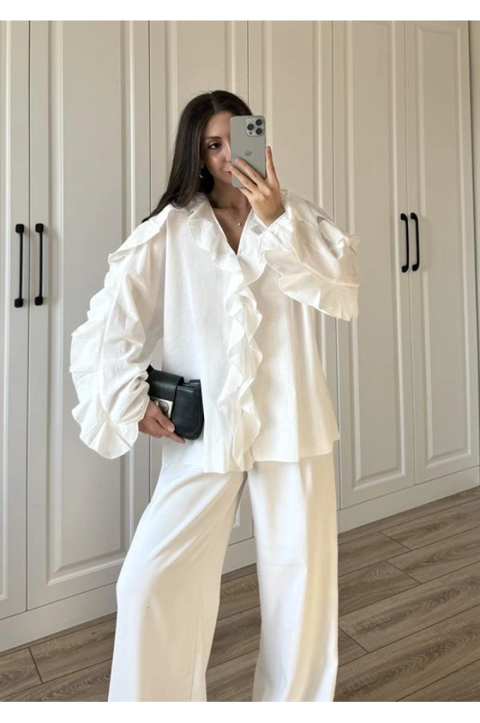 Orj Marka Wien Volanlı Premium Beyaz Gömlek