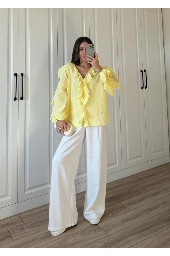 Orj Marka Wien Volanlı Premium Sarı Gömlek