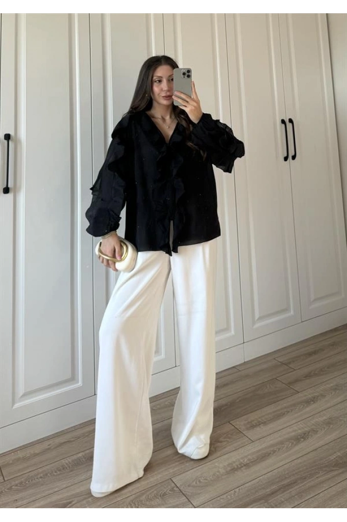 Orj Marka Wien Volanlı Premium Siyah Gömlek