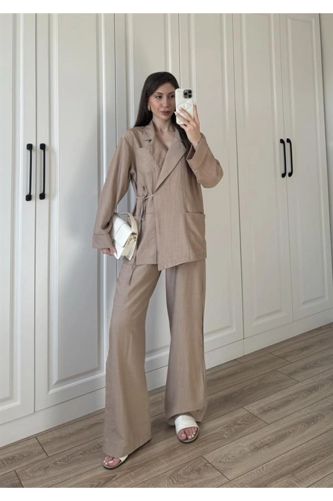 Oslo İthal Yandan Bağlamalı Cappuccino Kimono Takım