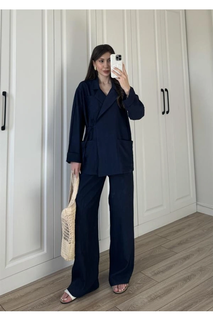 Oslo İthal Yandan Bağlamalı Lacivert Kimono Takım