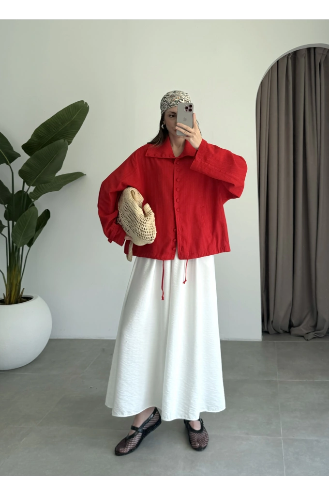 Oversize Düğme Detaylı Keten Kırmızı Ceket