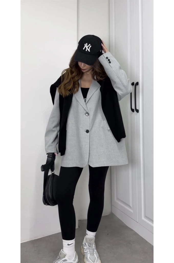 Oversize Maskülen Gri Blazer Ceket