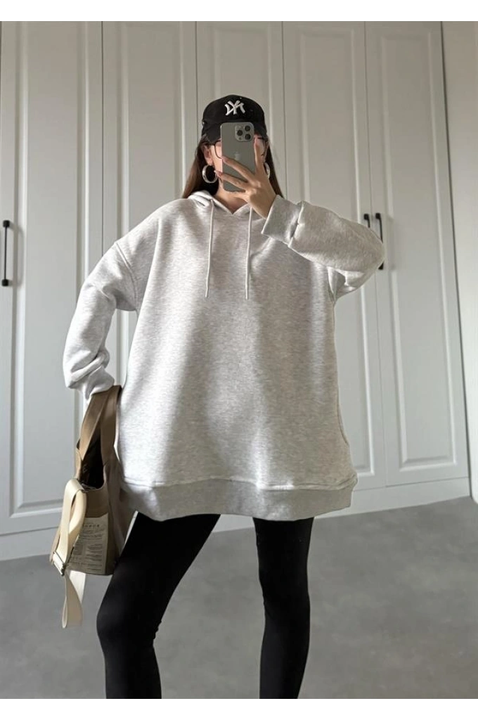 Oversize Üç İplik Şardonlu Gri Sweatshirt