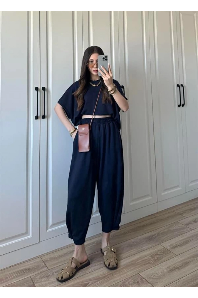 Oys Kumaş Bilek Detaylı Crop Lacivert Takım