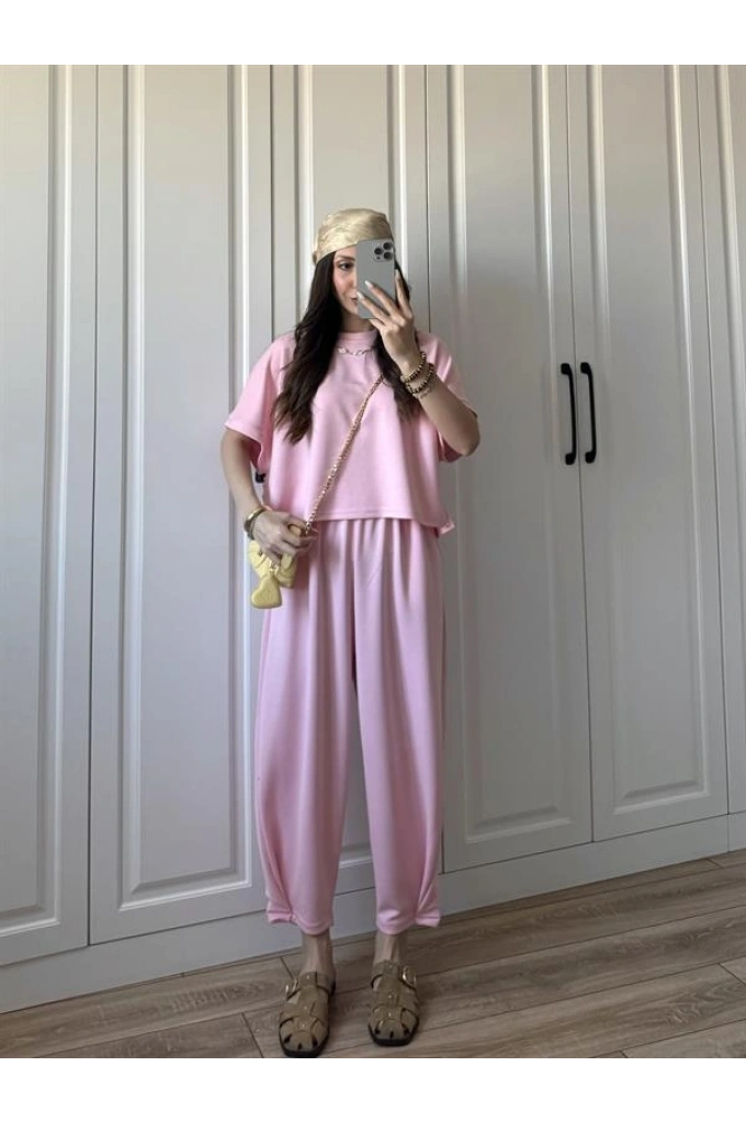 Oys Kumaş Bilek Detaylı Crop Pembe Takım