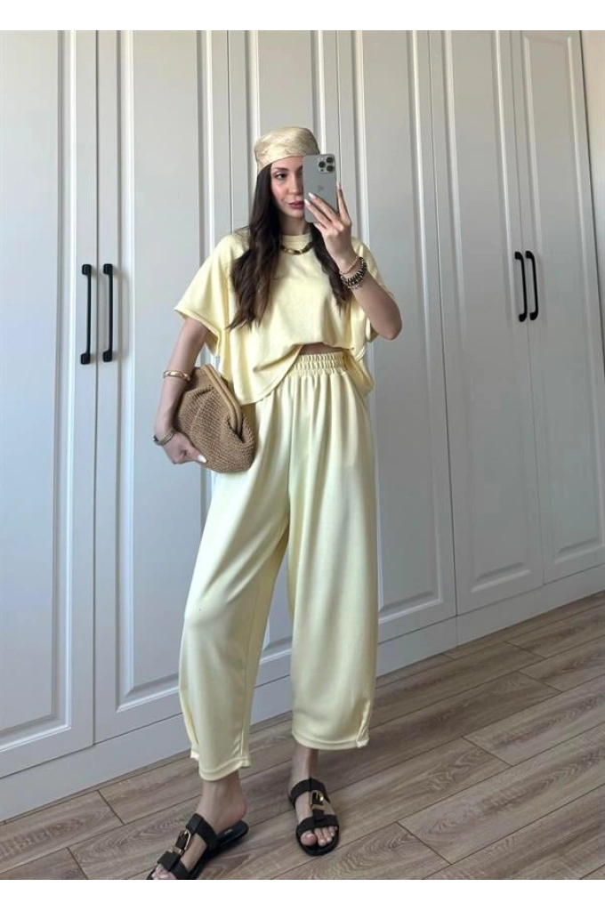 Oys Kumaş Bilek Detaylı Crop Sarı Takım