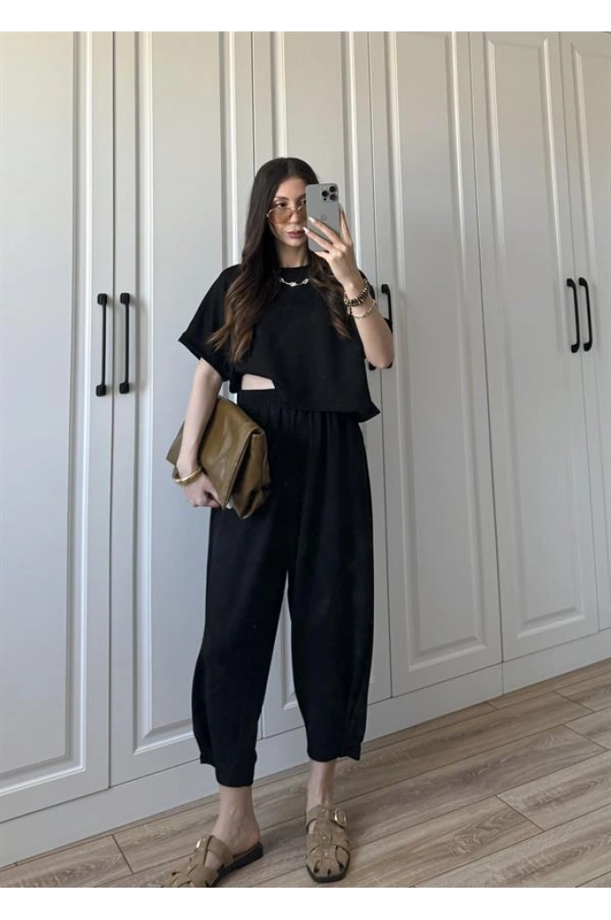 Oys Kumaş Bilek Detaylı Crop Siyah Takım