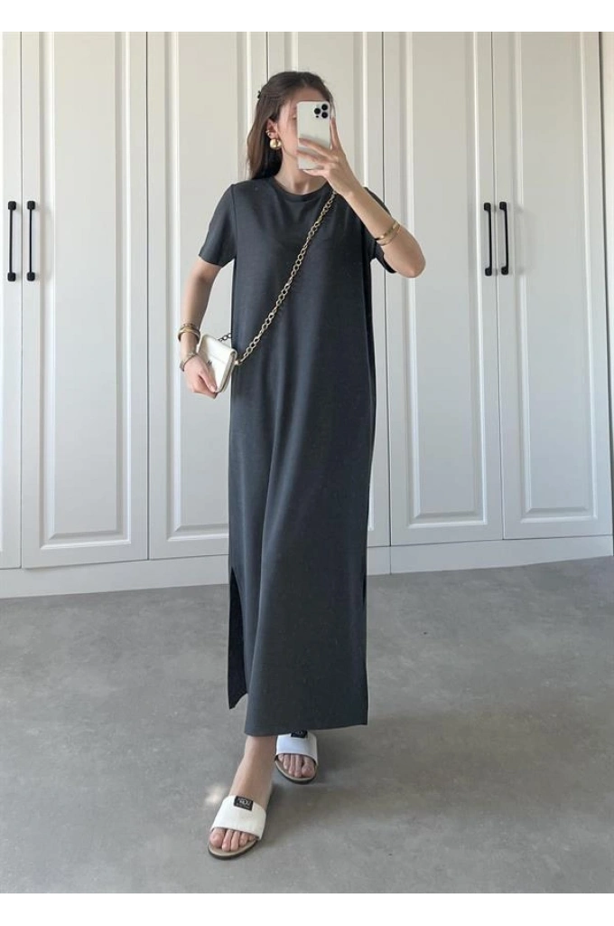 Oys Kumaş Likralı Basic Antrasit Elbise