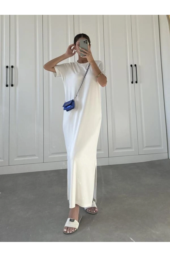 Oys Kumaş Likralı Basic Beyaz Elbise