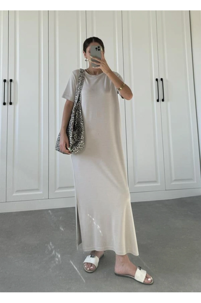 Oys Kumaş Likralı Basic Vizon Elbise