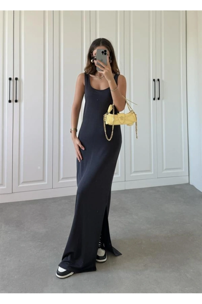 Oysh Kumaş Basic Yırtmaçlı Antrasit Uzun Elbise