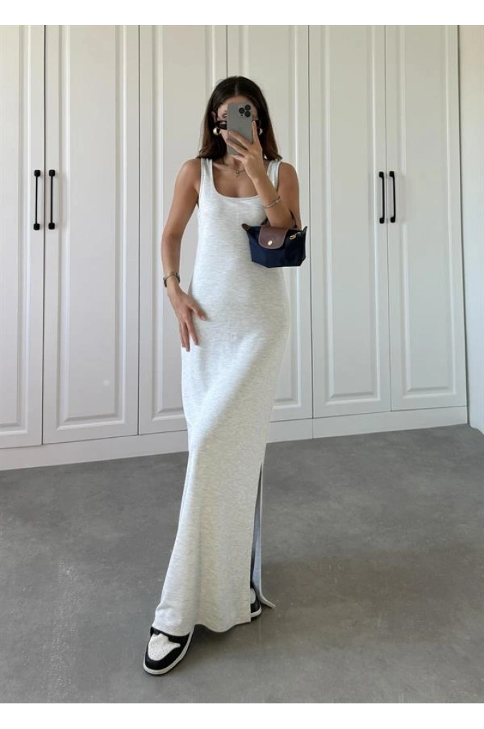 Oysh Kumaş Basic Yırtmaçlı Gri Uzun Elbise