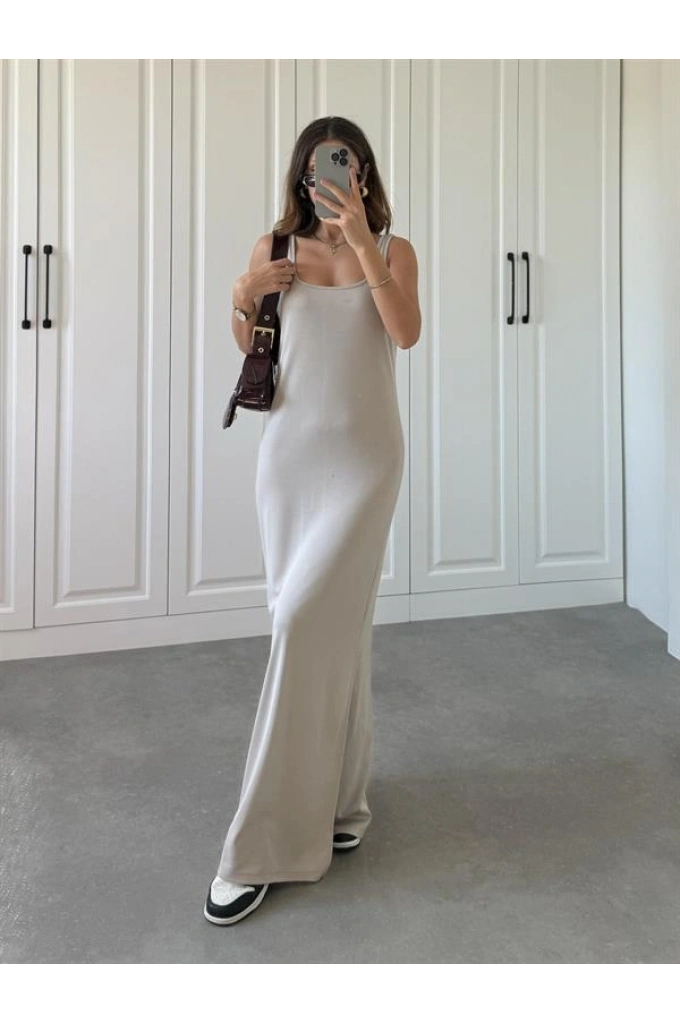 Oysh Kumaş Basic Yırtmaçlı Vizon Uzun Elbise