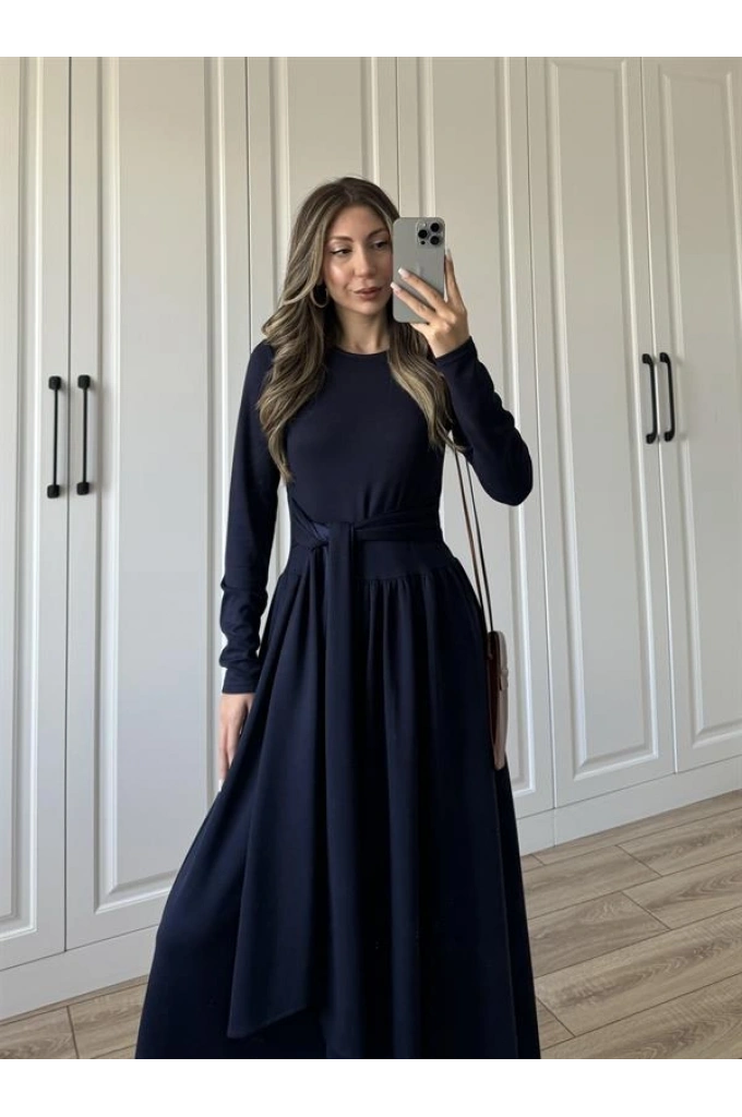 Oysh Kuşaklı Lacivert Elbise