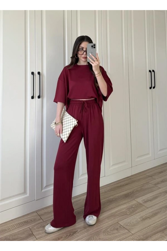 Oysh Moda Kumaş Bordo Basic Kısakollu Takım