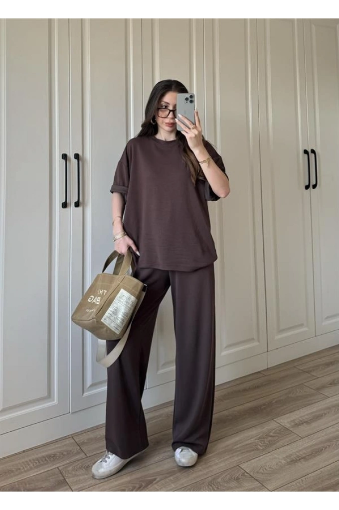 Oysh Moda Kumaş Kahve Basic Kısakollu Takım