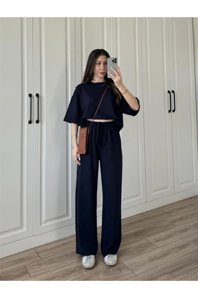 Oysh Moda Kumaş Lacivert Basic Kısakollu Takım