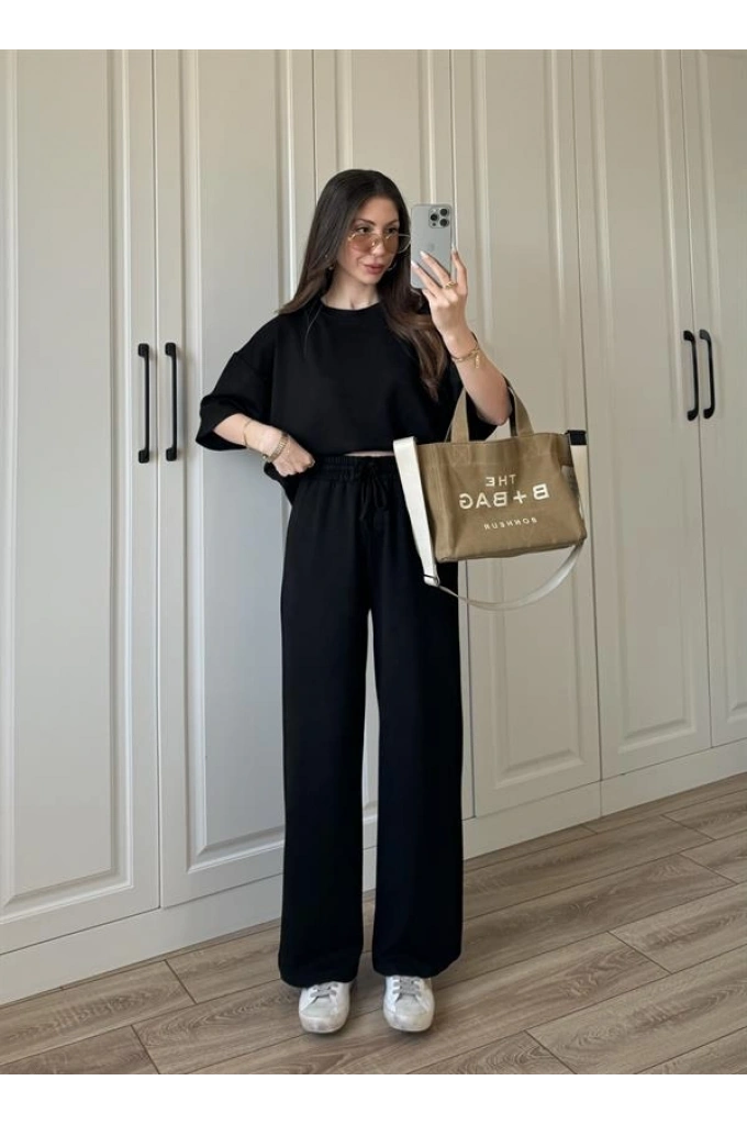 Oysh Moda Kumaş Siyah Basic Kısakollu Takım