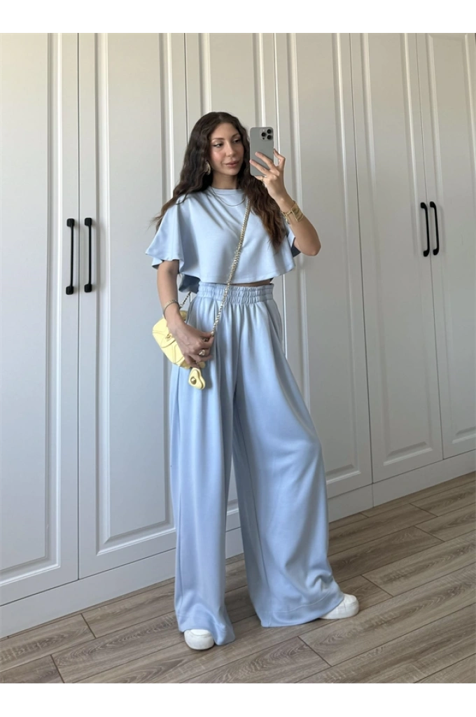 Oysh Modal Kumaş Beli Lastikli Bebe Mavi Crop Takım