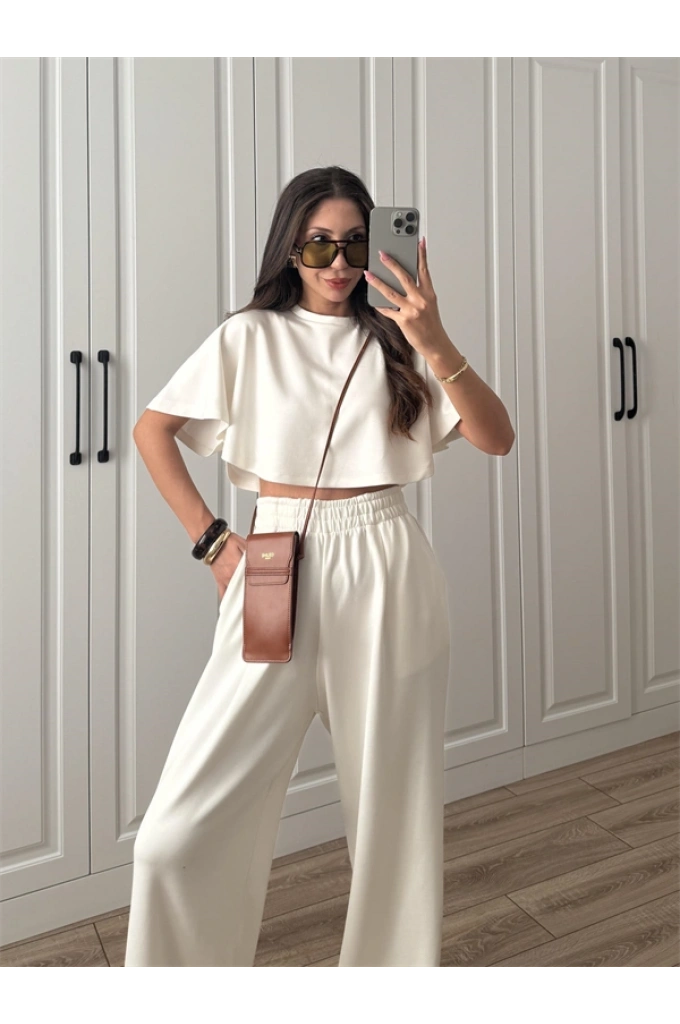 Oysh Modal Kumaş Beli Lastikli Beyaz Crop Takım