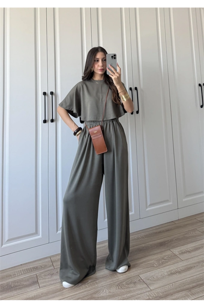 Oysh Modal Kumaş Beli Lastikli Haki Crop Takım