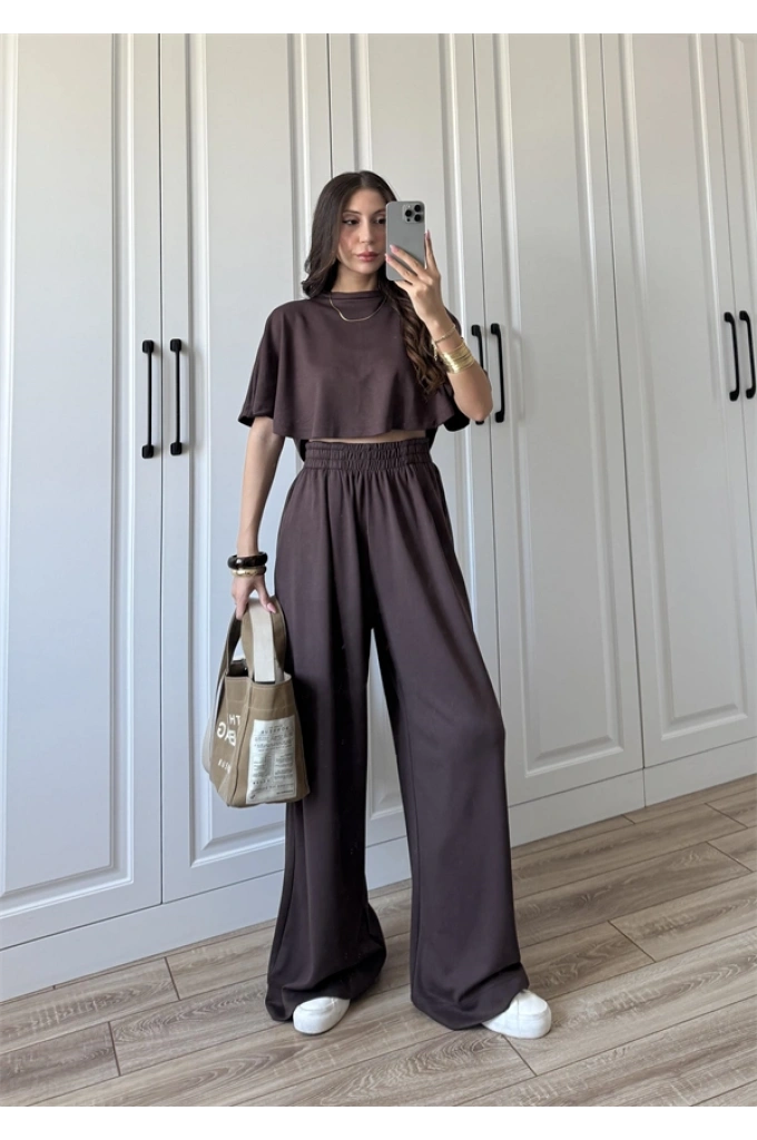 Oysh Modal Kumaş Beli Lastikli Kahve Crop Takım