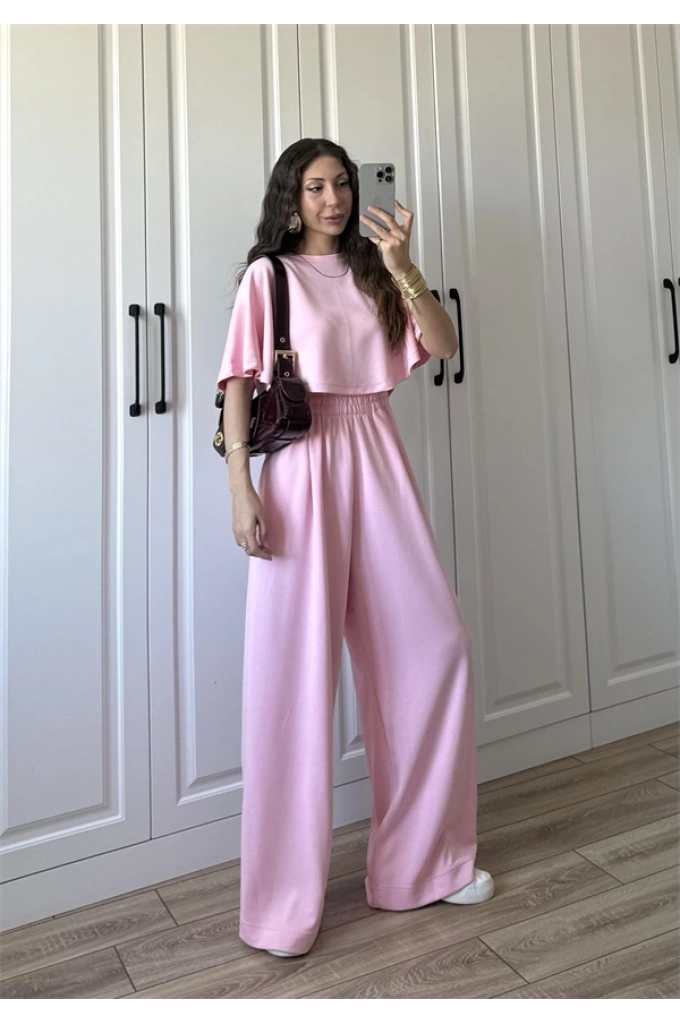 Oysh Modal Kumaş Beli Lastikli Pembe Crop Takım