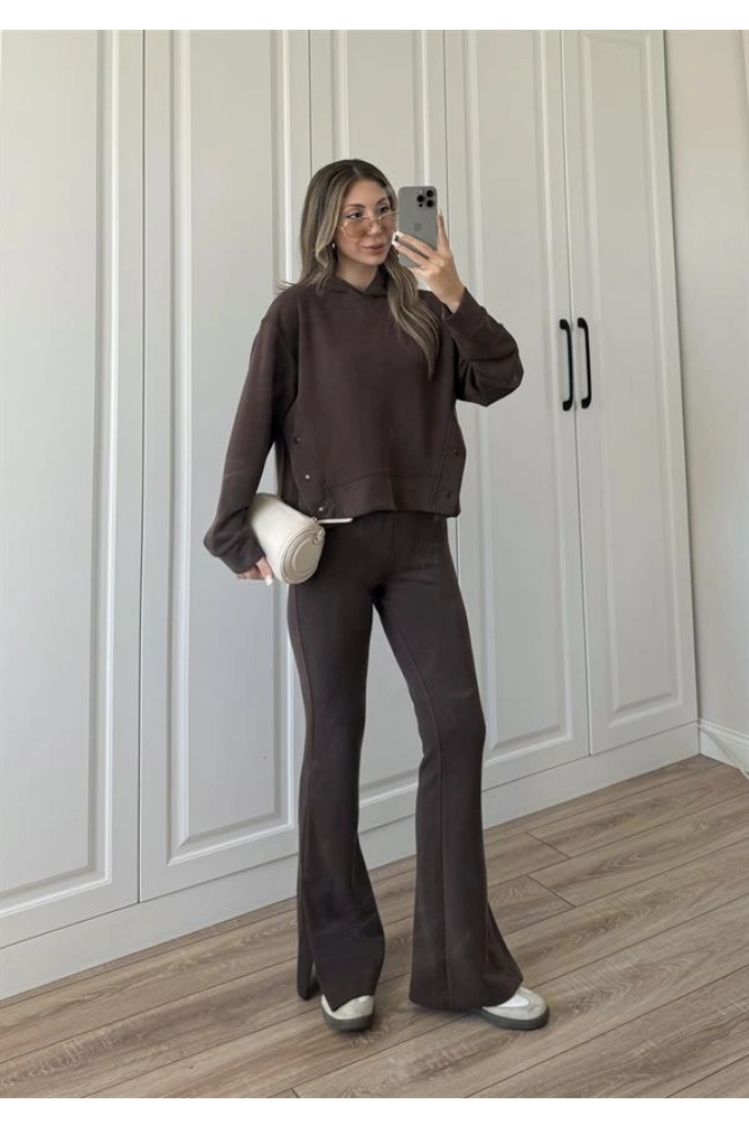 Oysh Modal Kumaş Çıtçıtlı Kahve Sweat Takım