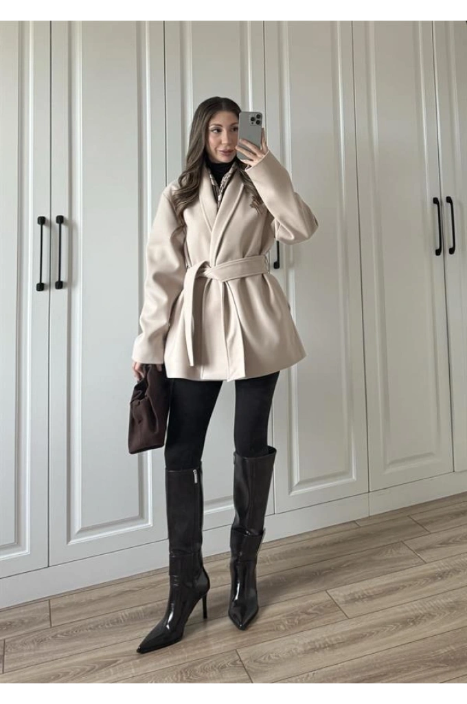 Pela Premium Kaşe Kuşaklı Taş Ceket Kaban