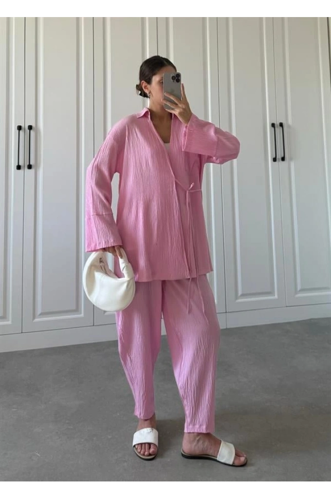 Pembe Gofre Bağlamalı Kimono Takım