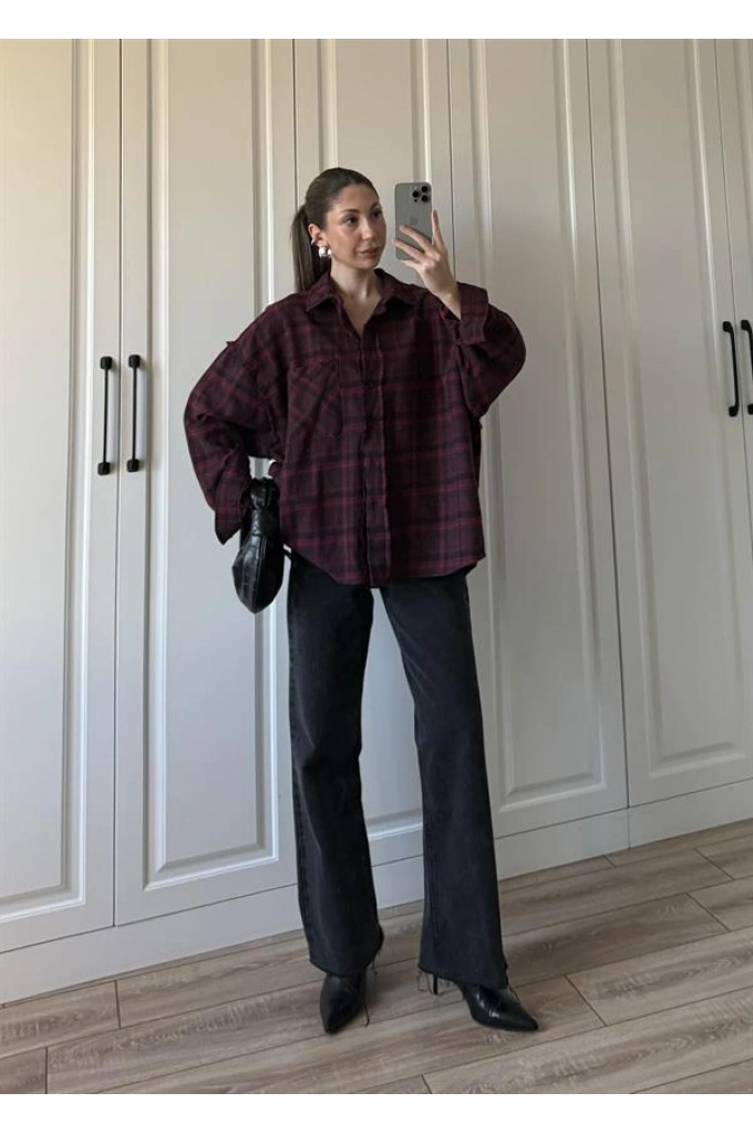 Pera Oversize Bordo Ekose Gömlek