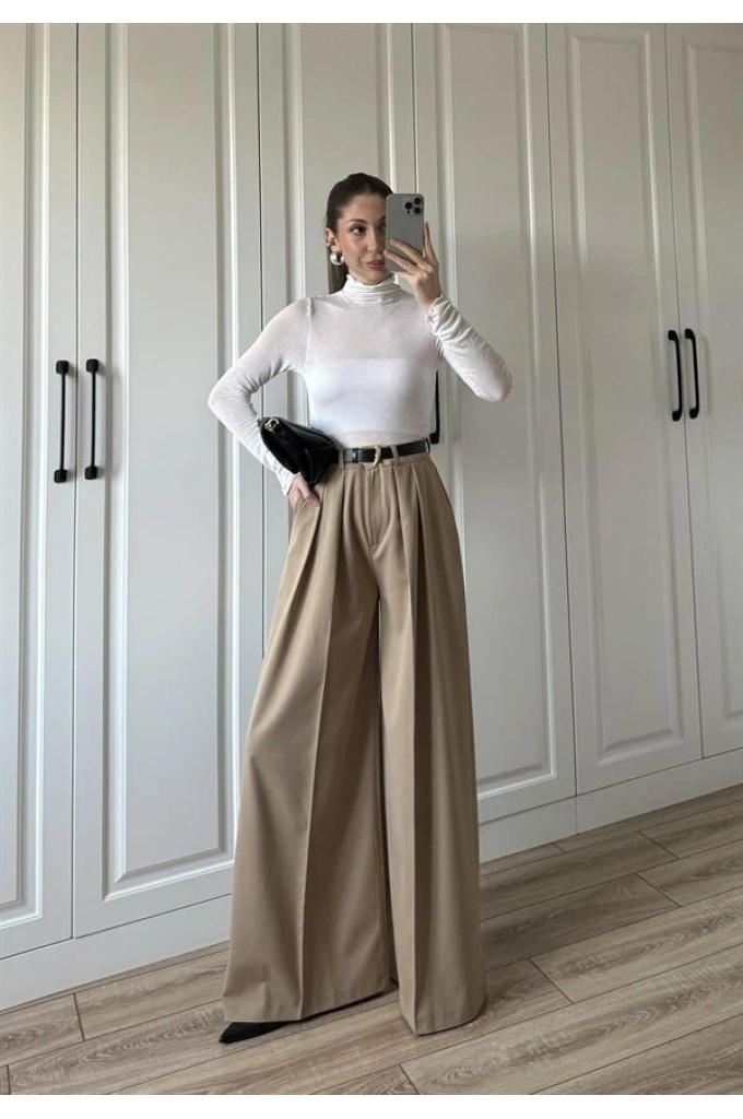 Pilili Palazzo Kemerli Camel Pantolon
