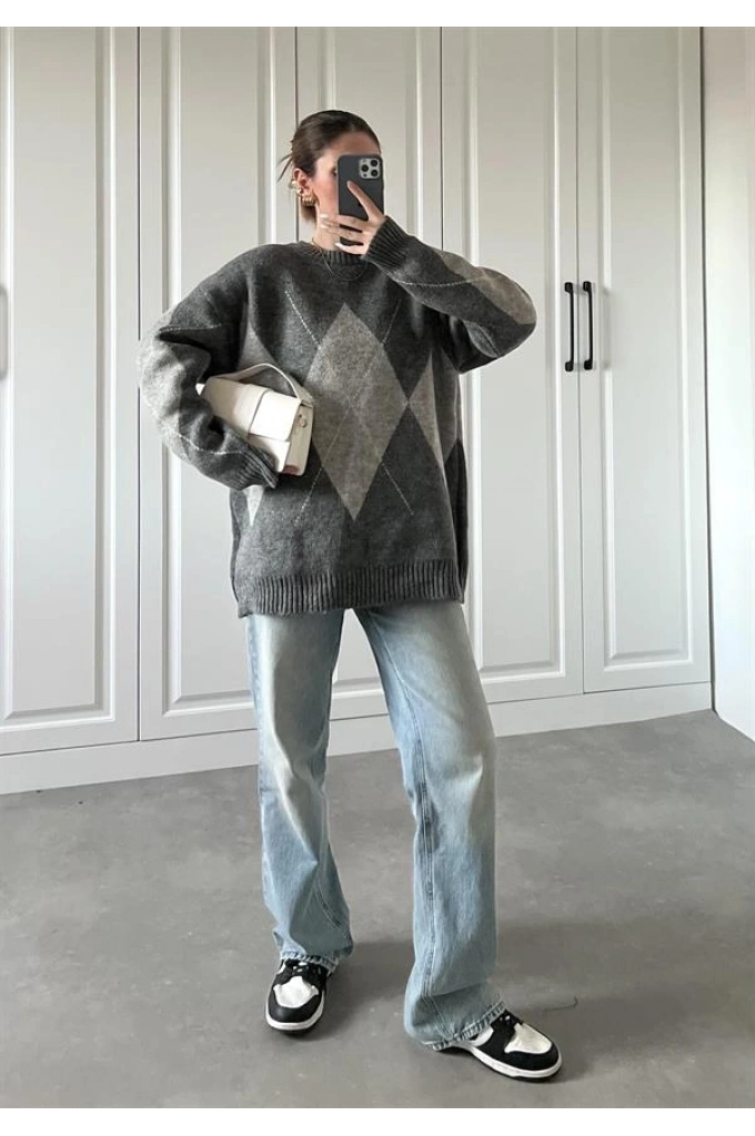 Pinterest Gri Baklava Desen Kazak