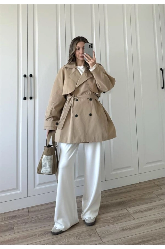 Poem Kuşaklı Astarlı Oversize Bej Trençkot